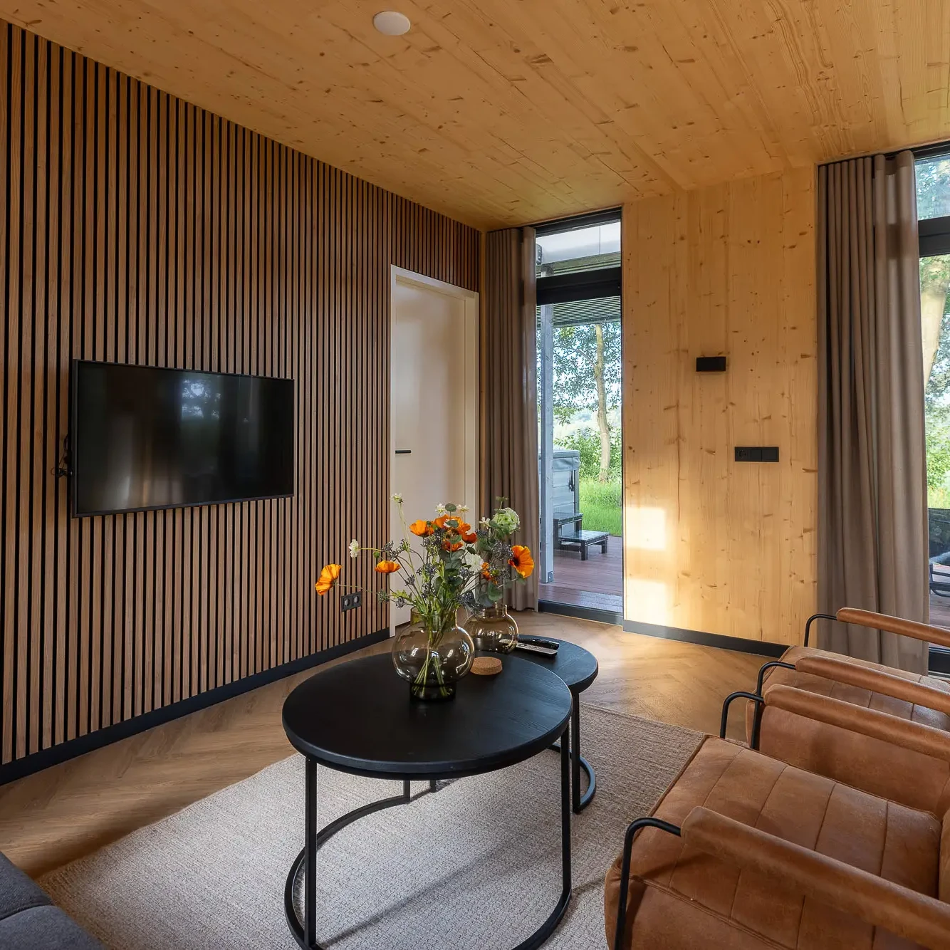 Luxe woonkamer met houten lamellenwand, flatscreen-tv en panoramisch uitzicht op Twentse natuur