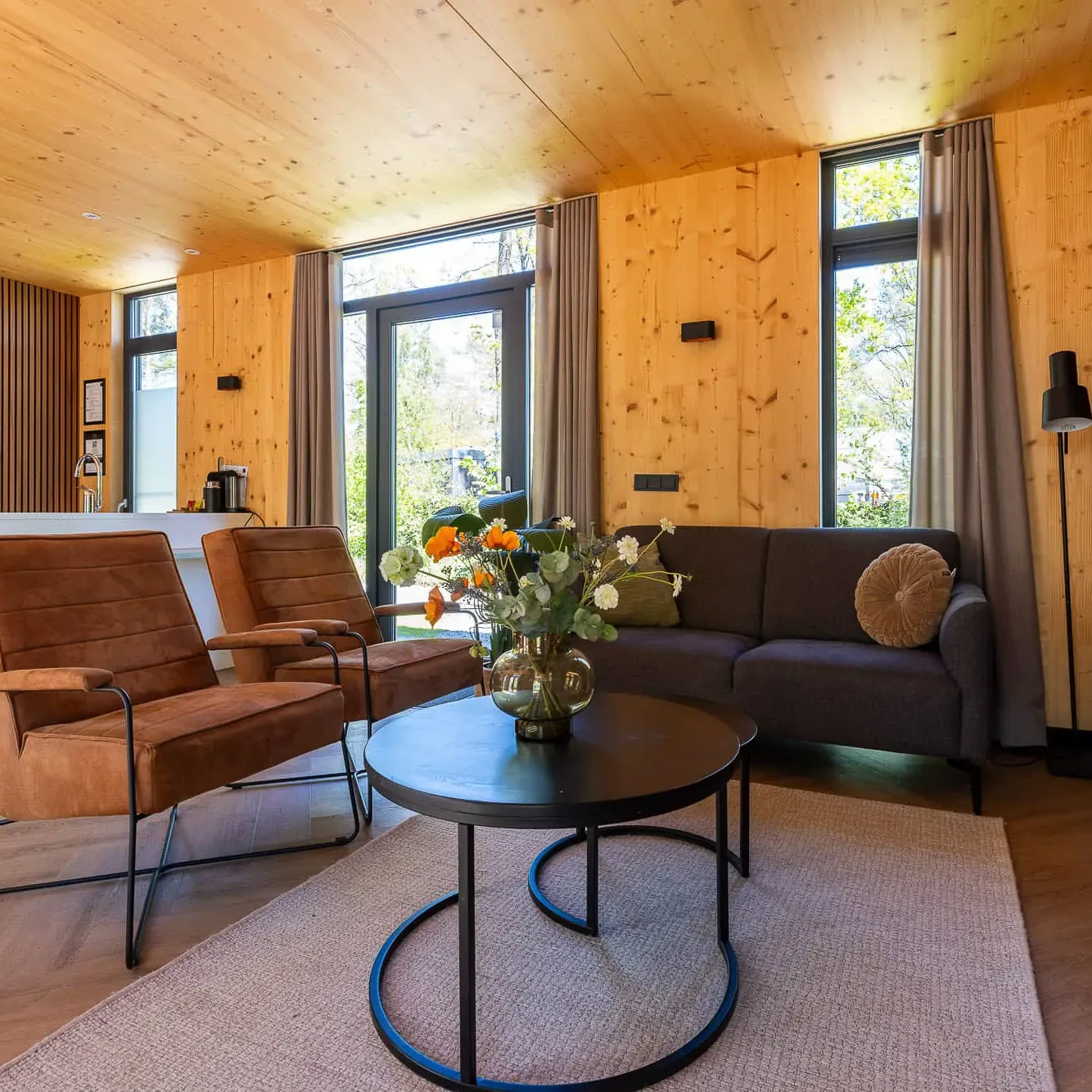 Moderne woonkamer met houten wanden en plafond in luxe Panorama lodge Markelo